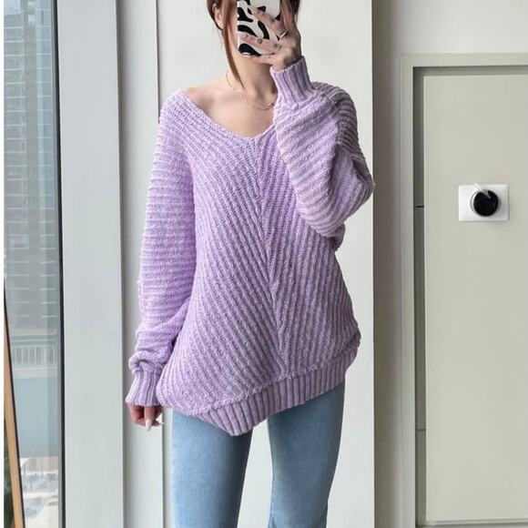 Free People Oversized Sweater Sunset V Neck Ribbed Pullover Lavender Purple Sz S - Picture 13 of 13
